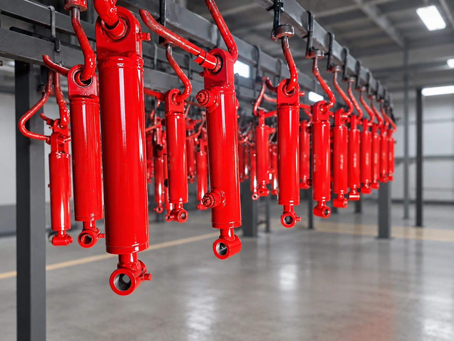 Czerwone siłowniki hydrauliczne zawieszone w hali produkcyjnej
